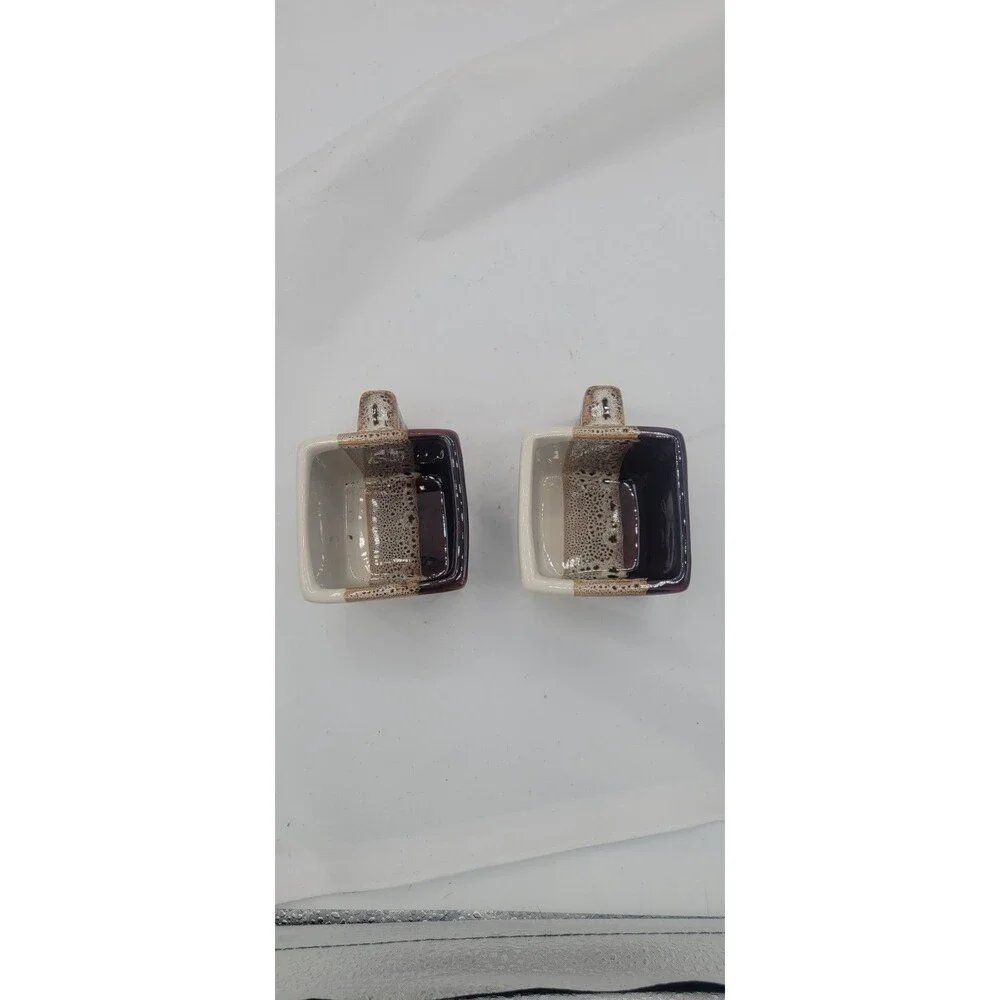 Pier 1 Imports Square Mugs Set of 2 Tri Color Glazed Stoneware Brown Tan